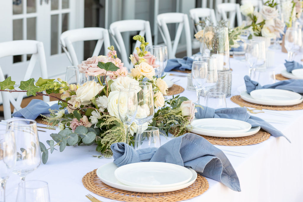 Denium blue napkins and woven charger plates