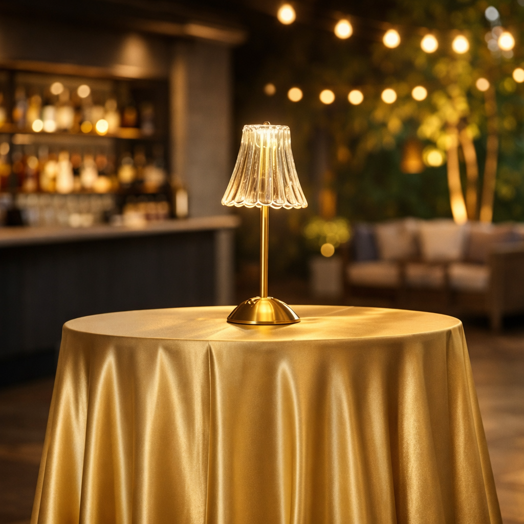 champange tablecloths and lamp