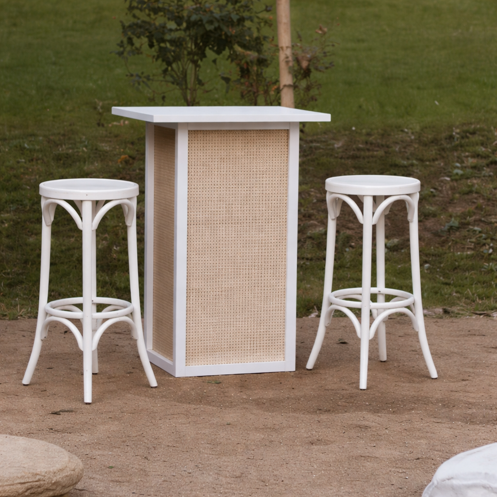 White rattan bar and white bentwood stools