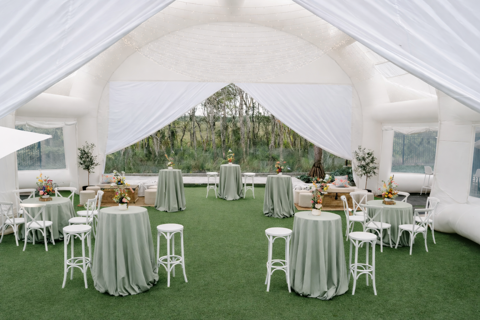 Sage cocktail tables and bentwood stools
