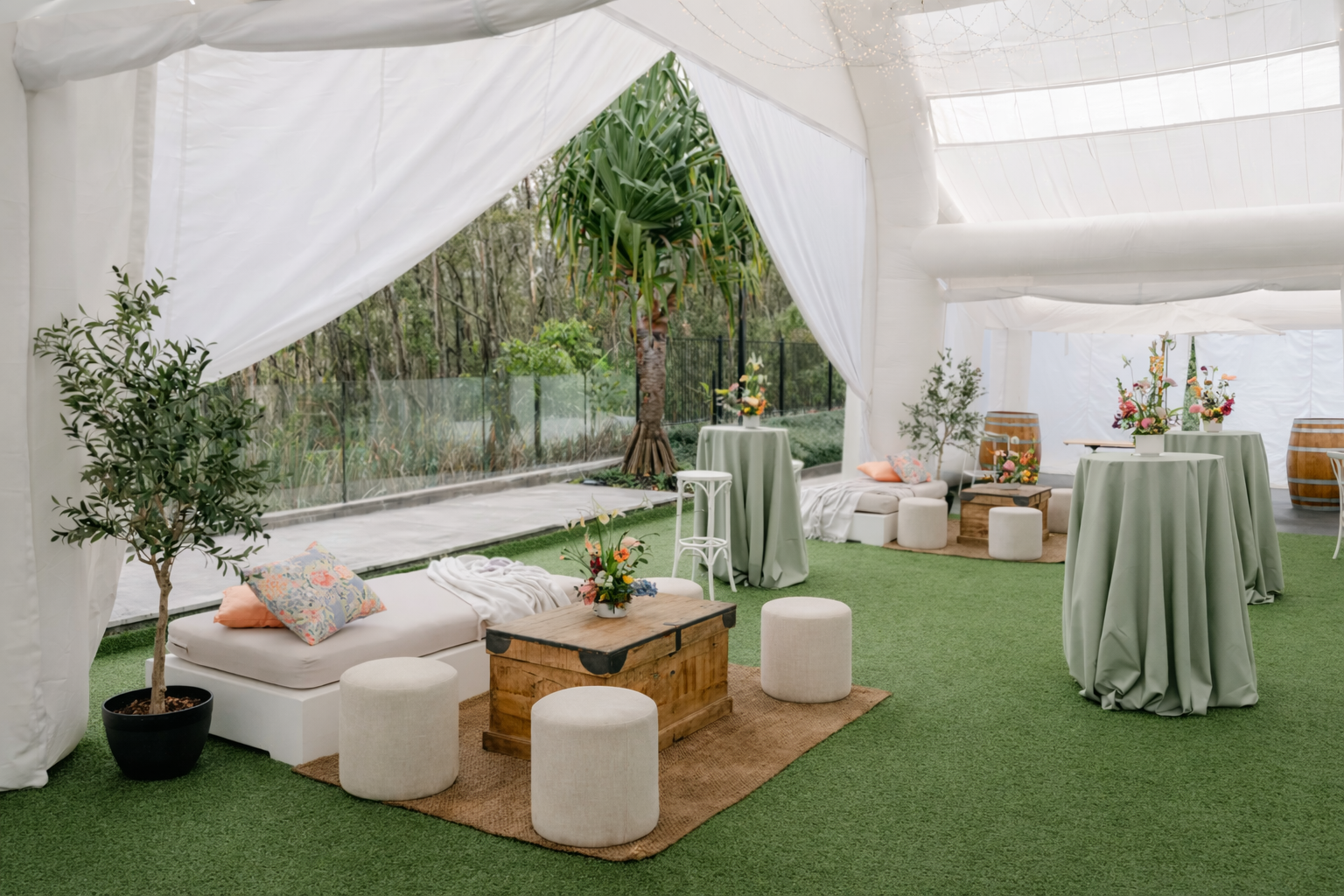 sage Cocktail tables, day bed, trunk coffee table and bentwood stools
