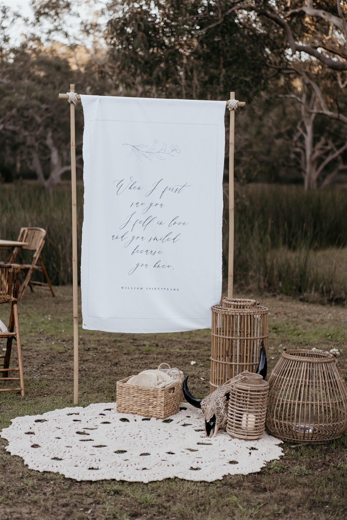 Hire Linen welcome sign on bamboo frame 