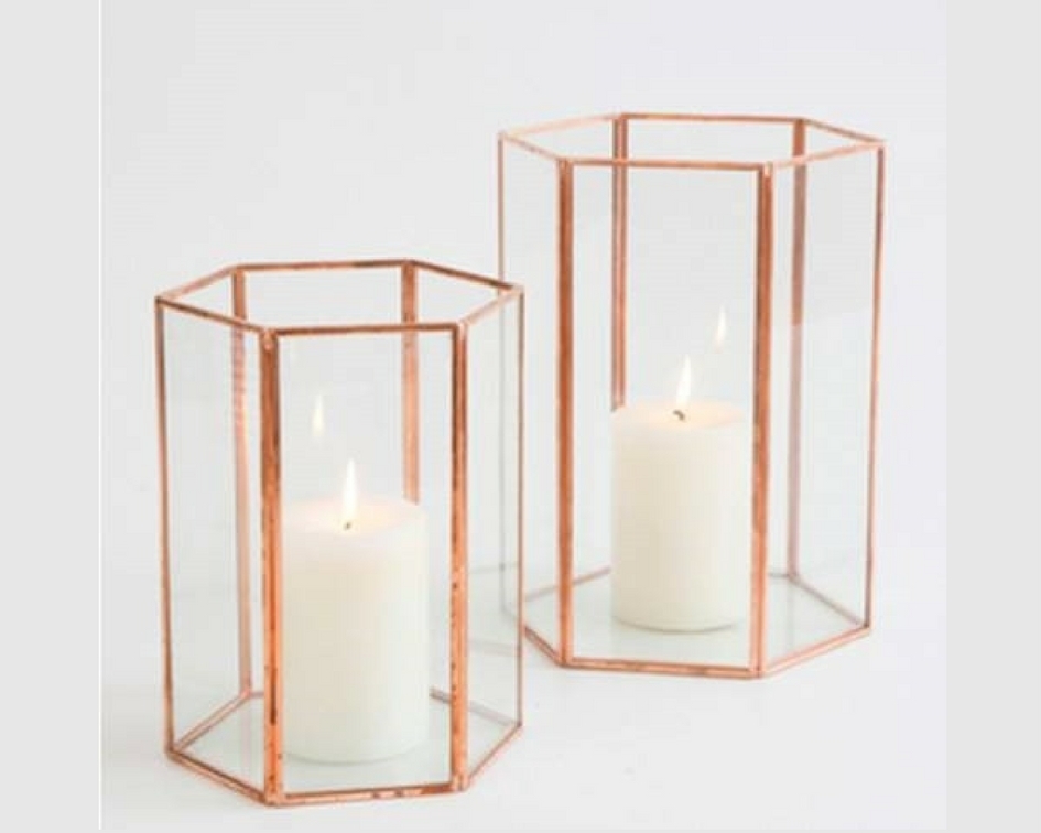 Hire Rose gold & glass hexagon lantern (pair) 