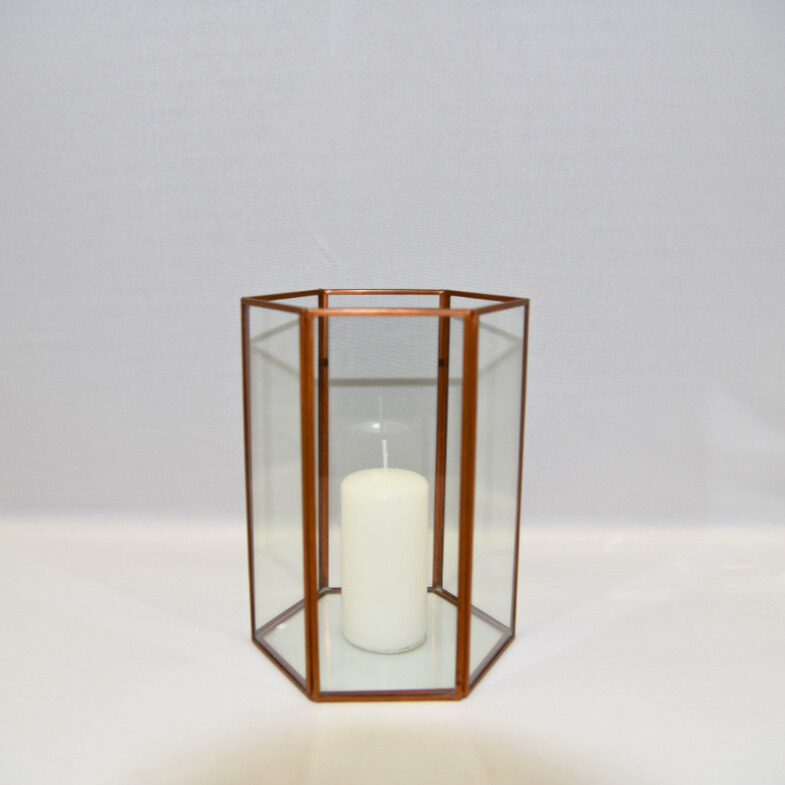 Hire Rose gold & glass hexagon lantern small 