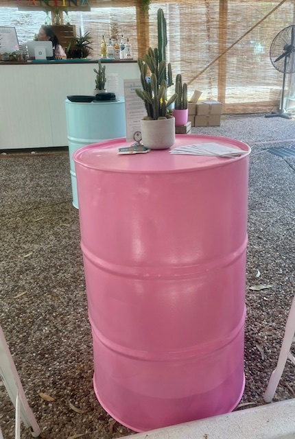 Hire Oil drum bar table 