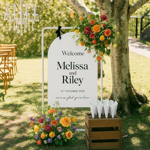 Hire Arched welcome sign on white stand 