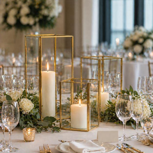 Hire Gold frame glass lantern - set of 3 